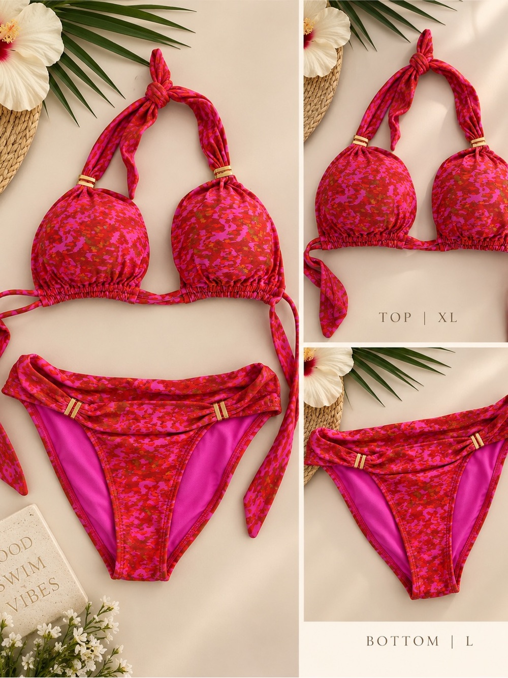 ViX Paula Hermanny Pink Red Bikini Set Gold Detail NWT XL Top L Bottom